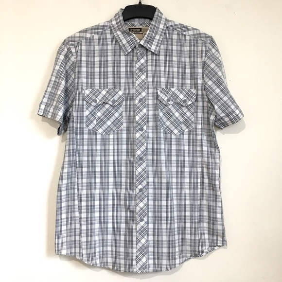 Machine Men’s Gray White Plaid Button Up Short Sleeve Causal Shirt - Picture 1 of 13